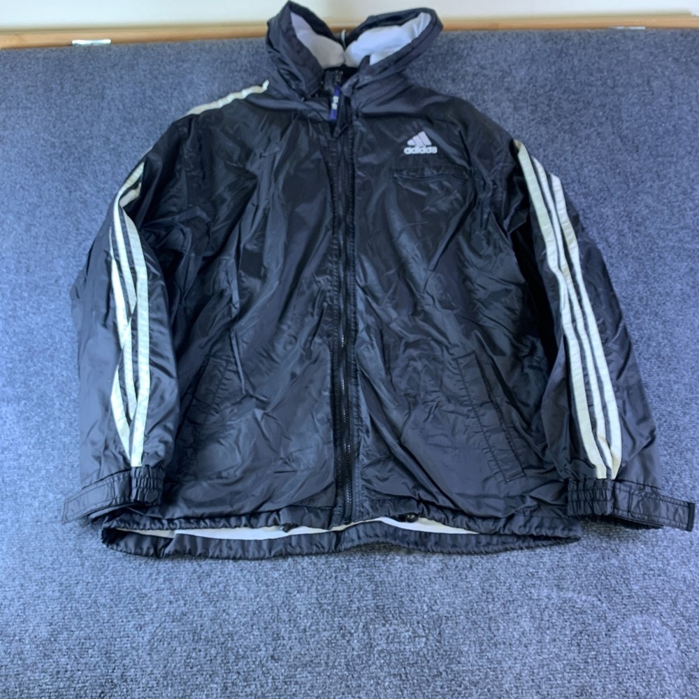 Adidas Windbreaker Jacket Mens M Black Good 3 Stripe Hooded Full Zip Y2K Retro